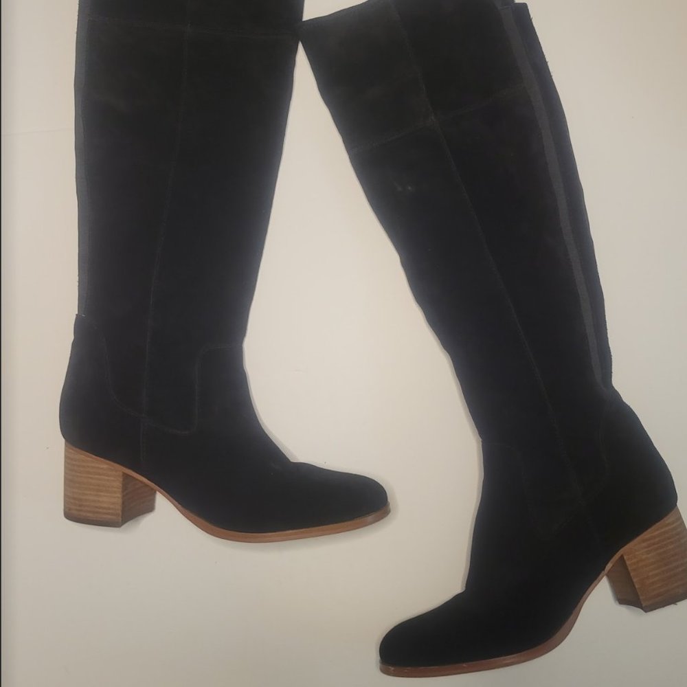 Marc Fisher Elaine Black Over the Knee Stacked Heel Tall Suede Boots | US Size 9